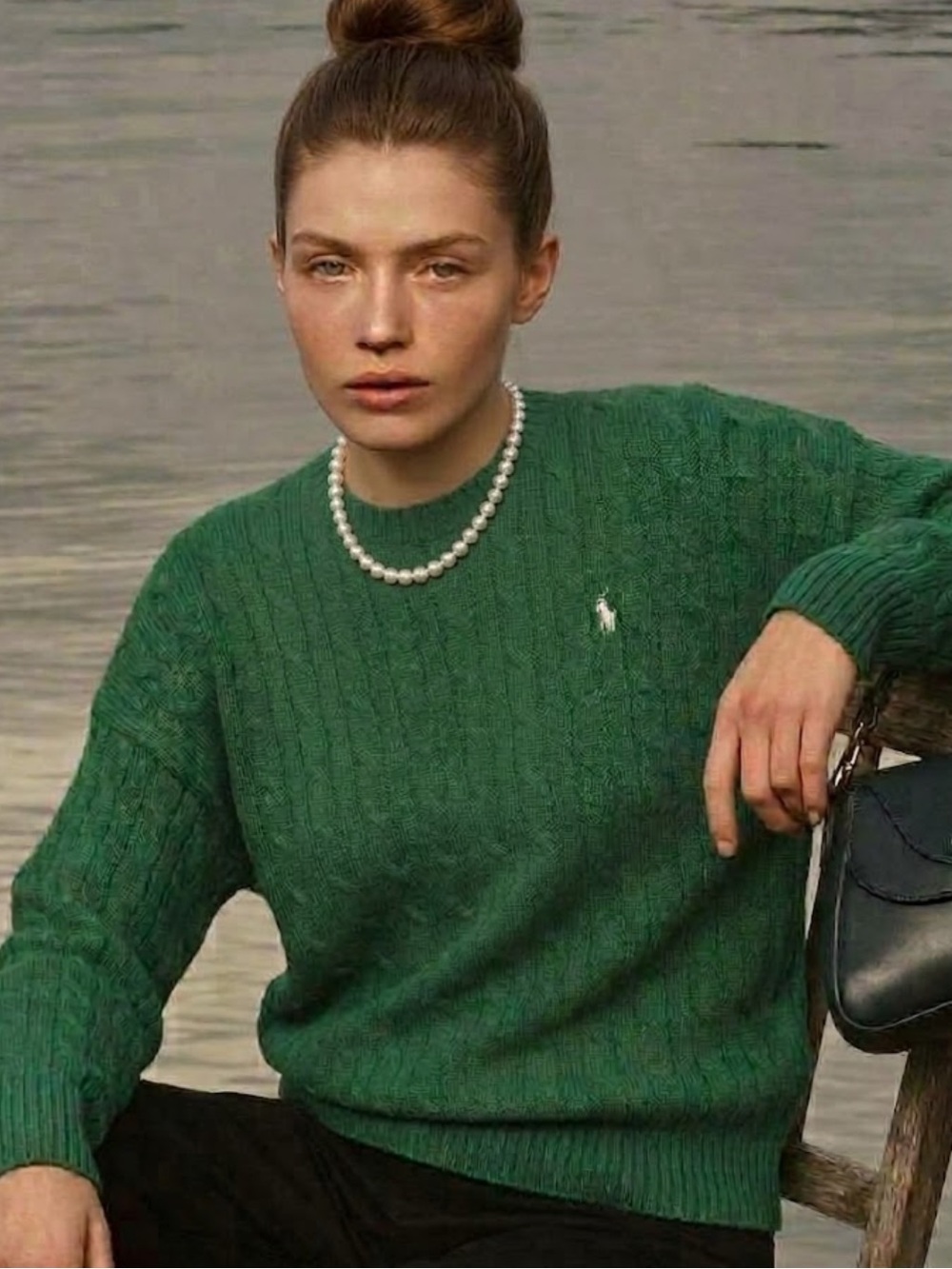 Vtg Boys XL Polo Ralph Lauren Green Cable-Knit Crewneck Sweater women’s M/L
